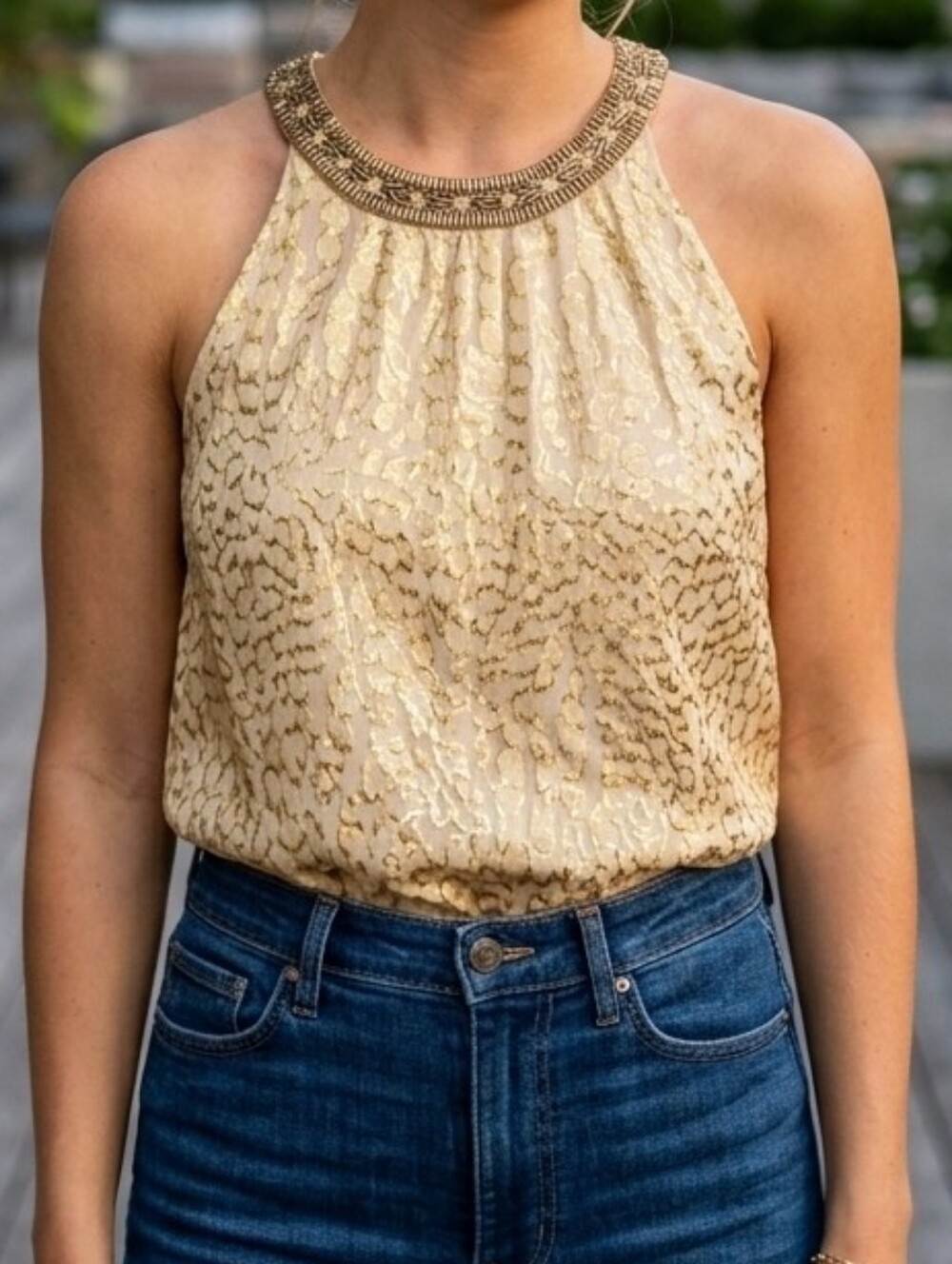 Lilly Pulitzer Corsica Gold Metallic Jacquard Beaded Halter Top M